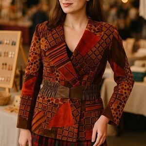 Eclectic retro velour belted patchwork jacket